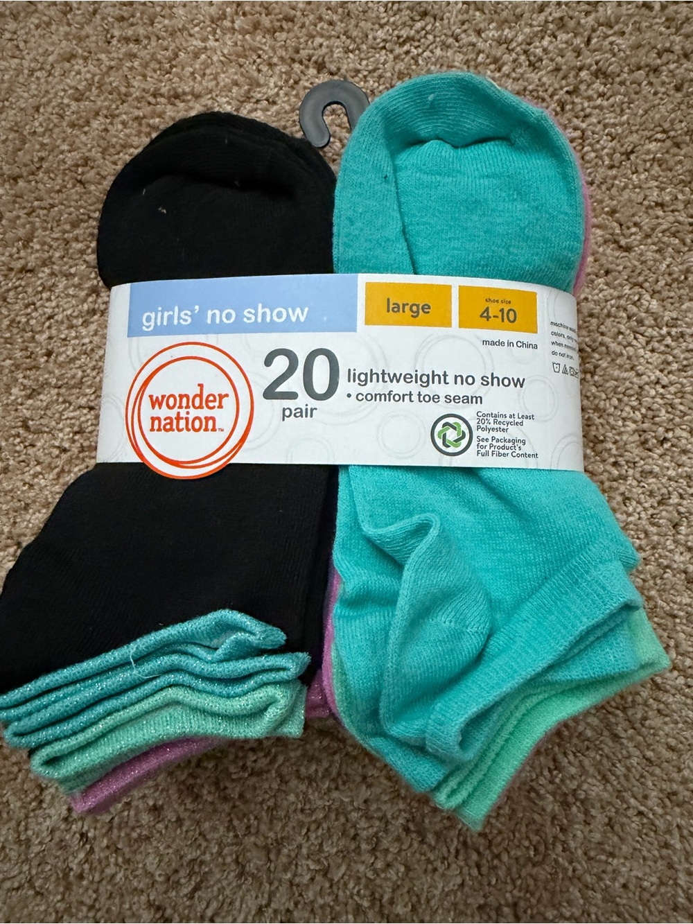 Wonder Nation Girls' Lightweight No Show Socks, 20-Pair Pack Large, Shoe Size 4
